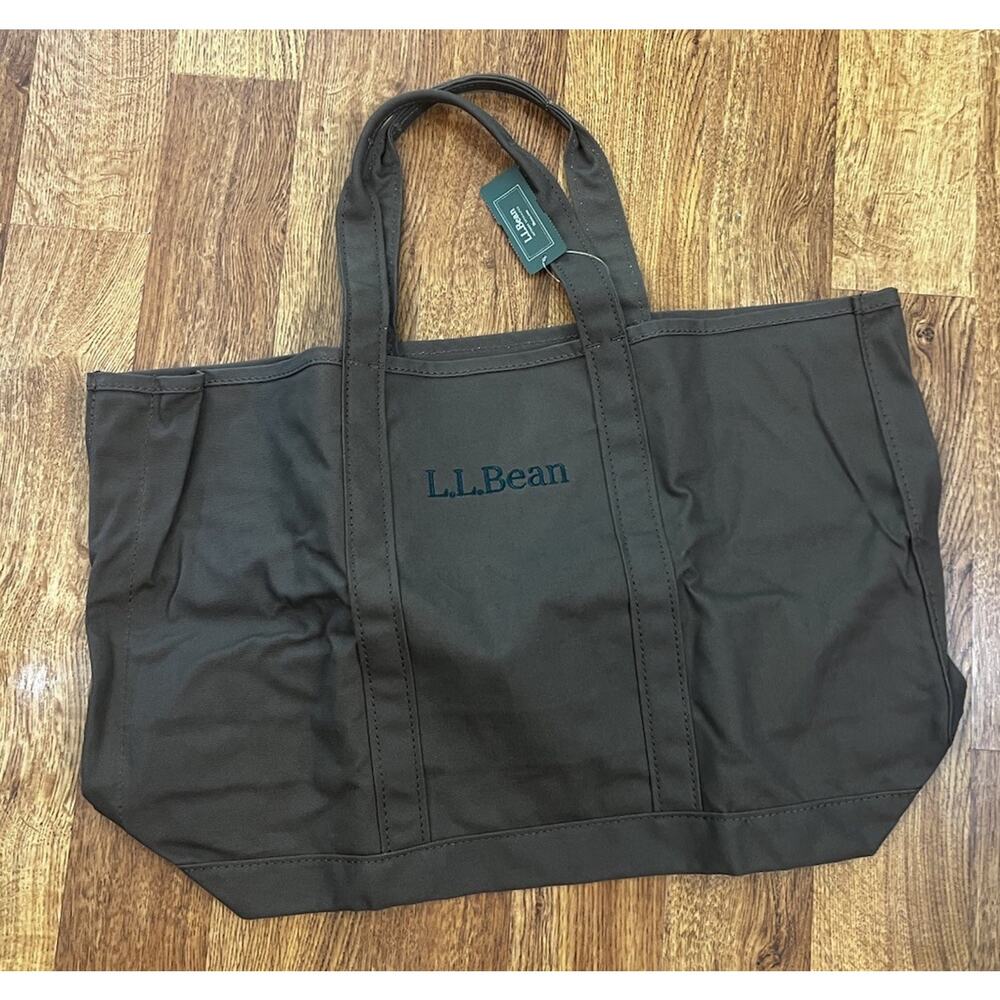L.L.Bean Large Canvas Grocery Tote Bag Gray Logo Open Top Cotton Reusable